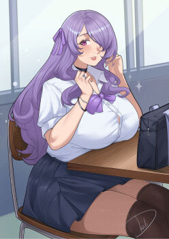 1girl bag black_choker black_thighhighs blue_skirt blush bow bowtie bracelet breast_rest breasts breasts_on_table button_gap camilla_(fire_emblem) chair choker classroom collared_shirt contemporary deliciousbrain desk fire_emblem fire_emblem_fates hair_bow hair_over_one_eye highres huge_breasts indoors jewelry lips long_hair looking_at_viewer nintendo on_chair open_mouth parted_lips partially_unbuttoned purple_bow purple_bowtie purple_eyes purple_hair ring school_bag school_desk school_uniform shirt short_sleeves sitting skindentation skirt smile solo star_(symbol) thick_thighs thighhighs thighs very_long_hair wavy_hair white_shirt window