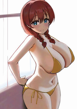 1girl bare_arms bikini blue_eyes blush braid breasts brown_hair cleavage collarbone emma_verde freckles hair_between_eyes hair_over_shoulder heart heart-shaped_pupils highres huge_breasts long_hair looking_at_viewer love_live! love_live!_nijigasaki_high_school_idol_club low_twin_braids navel pisagi side-tie_bikini_bottom sidelocks simple_background skindentation smile solo standing swimsuit symbol-shaped_pupils thighs twin_braids white_background window yellow_bikini