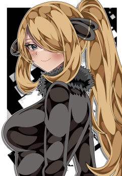 1girl absurdres alternate_hairstyle black_coat blonde_hair breasts closed_mouth coat commentary_request cynthia_(pokemon) from_side fur-trimmed_coat fur_collar fur_trim grey_eyes hair_ornament hair_over_one_eye highres large_breasts long_hair medium_breasts nintendo pokemon pokemon_dppt ponytail shiki_(kisikisi1007) smile solo upper_body wavy_hair
