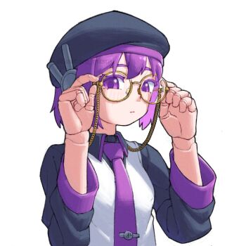 1girl adjusting_eyewear beret bespectacled black_hat collared_shirt eyewear_strap glasses hat highres kanbaru_mitsuki long_sleeves looking_at_viewer necktie purple_eyes purple_hair purple_necktie shirt short_hair simple_background solo tie_clip upper_body utane_uta utau white_background
