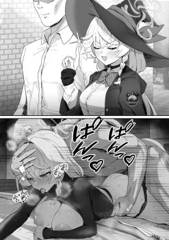 1boy 1girl arm_up bald black_coat black_jacket black_panties black_sweater blonde_hair blue_archive blush bow bowtie boy_on_top braid breasts brick_wall closed_eyes clothing_aside coat commentary_request earrings eri_(blue_archive) from_behind greyscale hair_ornament half-closed_eyes halo hand_on_another's_head hat heart heavy_breathing highres holding_another's_waist index_finger_raised jacket jewelry keke_(user_djyu7823) large_areolae large_breasts large_hat long_hair long_sleeves looking_down loose_hair_strand low-tied_long_hair lying monochrome motion_lines multiple_views nipples on_bed on_stomach open_mouth panties panty_pull school_emblem school_uniform sensei_(blue_archive) sex shirt side_halo single_braid single_earring speech_bubble striped_bow sweatdrop sweater tearing_up tongue tongue_out trembling underwear very_long_hair white_shirt wide_sleeves witch witch_hat