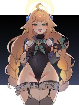 1girl ahoge black_leotard blue_archive blue_shrug braid braided_twintails covered_navel fang feather_hair feathers frilled_thigh_strap gloves half_gloves halo highleg highleg_leotard highres holding holding_riding_crop leotard long_hair looking_at_viewer low_twin_braids musclexm official_alternate_costume orange_hair riding_crop semi-rimless_eyewear shimiko_(blue_archive) shimiko_(magical)_(blue_archive) shrug_(clothing) skin_fang smile solo super_highleg thigh_strap triangle_mouth twin_braids yellow_feathers yellow_halo