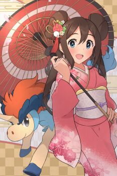 1girl :d absurdres alternate_costume blue_eyes brown_hair checkered_background commentary_request donut double_bun food gen_5_pokemon hair_bun highres japanese_clothes keldeo kimono legendary_pokemon looking_at_viewer mythical_pokemon nintendo obi oil-paper_umbrella open_mouth pink_kimono pokemon pokemon_(creature) pokemon_bw2 rosa_(pokemon) sash smile suborofu teeth umbrella upper_teeth_only white_sash