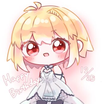 1girl :d ahoge arcueid_brunestud arcueid_brunestud_(clad_in_glacier) arms_behind_back black_pantyhose blonde_hair breasts chibi cleavage cleavage_cutout clothing_cutout dress elbow_gloves gloves hair_intakes happy_birthday highres looking_at_viewer official_alternate_costume open_mouth pantyhose red_eyes short_hair smile tsukihime tsukihime_(remake) user_vkjy5545 white_dress white_gloves