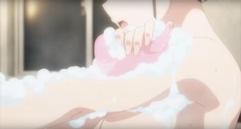 1girl animated animated_gif anime_screenshot bath bathing black_hair bouncing_breasts breasts completely_nude irido_yume large_breasts lowres mamahaha_no_tsurego_ga_moto_kano_datta nude sideboob soap soap_bubbles