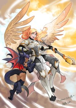 2girls absurdres angel angel_and_devil angel_wings armor black_hair black_scales blank_eyes blonde_hair chinchira commentary commission commissioner_name commissioner_upload demon_girl demon_horns demon_wings flying highres holding holding_staff horns multiple_girls organic_bra original petite red_eyes refia_(stryker324) skeb_commission snake_tail staff tail tan vera_(stryker324) white_eyes wings
