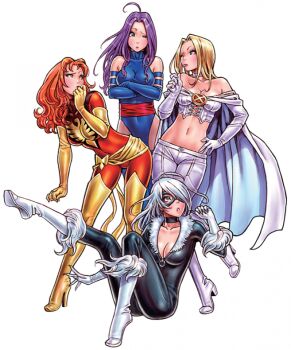 10s 4girls :o ;p ahoge bare_shoulders bent_over bird black_cat_(marvel) blonde_hair blue_eyes blue_gloves blue_legwear blush bodysuit boots breasts cape choker claws cleavage corset covered_navel covering_own_mouth crop_top cross-laced_clothes crossed_arms crossover dark_phoenix domino_mask elbow_gloves emma_frost eye_contact eye_mask felicia_hardy fur_trim gloves hair_over_one_eye hand_on_own_hip hand_over_own_mouth high_heel_boots high_heels jean_grey knee_boots leg_lift leg_up leotard long_hair looking_at_another marvel mask midriff multiple_girls navel ninja off_shoulder one_eye_closed open_mouth orange_eyes orange_hair pants parted_lips phoenix psylocke purple_hair sarong sash simple_background sitting skin_tight spider-man_(series) standing standing_on_one_leg superhero_costume thigh_boots thighhighs tongue tongue_out turtleneck white_gloves white_hair white_legwear x-men yamashita_shun&#039;ya yellow_boots yellow_gloves yellow_legwear zipper