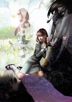 Rule 34 | 1girl, absurdres, amulet, bound, bound wrists, brown hair, bug, butterfly, closed eyes, dark persona, hair over eyes, highres, insect, jewelry, kazuma kaneko, megami ibunroku persona shadow maze, multiple persona, necklace, official art, persona, persona 1, photoshop (medium), school uniform, shiraishi megumi (colorist), signature, socks, sonomura maki, st. hermelin school uniform, third-party source, white socks