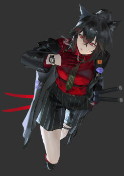 Rule 34 | 1girl, absurdres, animal ears, arknights, black coat, black necktie, black shoes, black shorts, cigarette, coat, collared shirt, commentary, diagonal-striped clothes, diagonal-striped necktie, gloves, hair between eyes, highres, holding, holding cigarette, katana, long hair, looking to the side, necktie, open clothes, open coat, ponytail, red eyes, red gloves, red shirt, shirt, shoes, short shorts, shorts, sidelocks, smoking, solo, striped clothes, sword, texas (arknights), watch, weapon, wolf ears, wolf girl, wristwatch, xiaoye eago