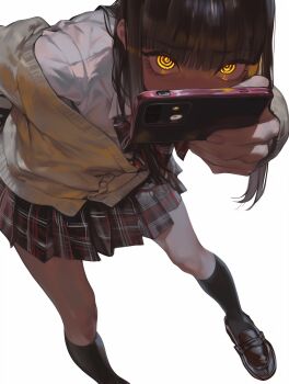 @_@ absurdres black_hair black_socks chainsaw_man highres holding holding_phone looking_at_viewer nayuta_(chainsaw_man) phone school_uniform socks staring yellow_eyes