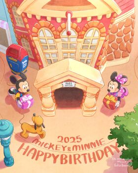 1girl 2025 animal_ears commentary_request disney dog gloves highres looking_at_viewer mickey_mouse mickey_mouse_&amp;_friends minnie_mouse mouse_boy mouse_ears multiple_boys multiple_girls open_mouth pluto_(disney) shirt short_hair smile takatmaorange