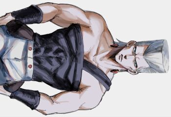 1boy batten_01 black_tank_top blue_eyes bracer commentary_request earrings grey_hair highres jean_pierre_polnareff jewelry jojo_no_kimyou_na_bouken looking_at_viewer male_focus muscular muscular_male pants pectorals pouch shirt sideways solo stardust_crusaders tank_top white_background white_pants wristband
