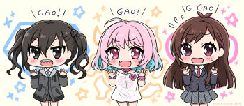 Rule 34 | #unicus (idolmaster), 3girls, :d, ahoge, black jacket, blazer, blue hair, blush, brown eyes, brown hair, chibi, claw pose, collared shirt, colored tips, commentary request, cowboy shot, diagonal-striped clothes, diagonal-striped necktie, diagonal-striped neckwear, fang, flying sweatdrops, gao, green neckwear, grey jacket, grey skirt, hair between eyes, hair ornament, hairclip, hands up, highres, idolmaster, idolmaster cinderella girls, jacket, long hair, mole, mole under eye, mono land, multicolored hair, multiple girls, necktie, open mouth, pink eyes, pink hair, plaid clothes, plaid skirt, pleated skirt, print shirt, romaji text, school uniform, shirt, short sleeves, skirt, smile, star (symbol), striped clothes, striped neckwear, sunazuka akira, sweat, tsujino akari, twintails, two-tone hair, very long hair, white shirt, yumemi riamu