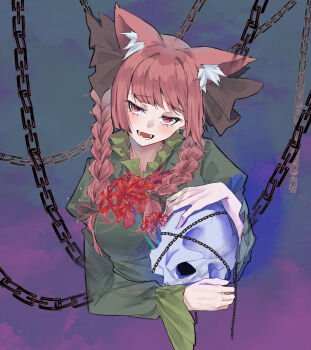 Rule 34 | 1girl, animal ear fluff, animal ears, blue background, blush, braid, cat ears, cat girl, chain, commentary, flower, gradient background, highres, holding, holding skull, kaenbyou rin, kanaria (bcomn), long hair, looking at viewer, open mouth, purple background, red eyes, red flower, red hair, side braids, skull, solo, spider lily, touhou, twin braids, upper body, variant set