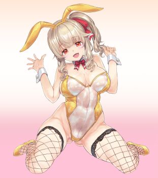 1girl animal_ear_hairband animal_ears areola_slip blonde_hair breasts card commentary_request fake_animal_ears fishnet_thighhighs fishnets gradient_background hairband highres indie_virtual_youtuber kiyama_satoshi komorebi_wanko large_breasts leotard looking_at_viewer open_mouth playboy_bunny playing_card rabbit_ear_hairband rabbit_ears red_eyes ribbon side_ponytail sitting smile solo strapless strapless_leotard thighhighs virtual_youtuber wariza wrist_cuffs yellow_leotard