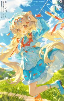 1girl :d absurdres animal_ears arm_up blonde_hair blue_dress blue_shoes blue_sky blunt_bangs blush cat_ears cat_girl cloud day double-parted_bangs dress foot_out_of_frame frilled_dress frills grass highres kodomo_no_hi koinobori long_hair long_sleeves looking_at_viewer maid_headdress open_mouth orange_eyes original outdoors sample_watermark shoes sky smile socks solo standing standing_on_one_leg watermark white_socks windsock yi_kuai_cha_suyou
