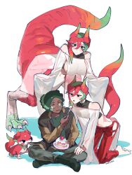 Rule 34 | 1girl, 2boys, absurdres, androgynous, barefoot, black shirt, boots, breasts, cake, cake slice, claws, colored tips, creature, cropped shirt, dark-skinned male, dark skin, dated, dragon boy, dragon girl, dragon horns, dragon tail, feeding, food, fork, full body, green hair, hand up, highres, hip vent, holding, holding fork, horns, indian style, jacket, jacket tug, kneeling, large breasts, long sleeves, looking at another, monster girl, multicolored hair, multiple boys, off shoulder, open mouth, orange hair, original, pants, red hair, red horns, red pants, red scales, ringed eyes, sakoku (oyatsu3ji ), scales, see-through, shirt, short hair, sideless outfit, simple background, sitting, standing, tail, tail raised, very short hair, white background, wide sleeves, yellow eyes