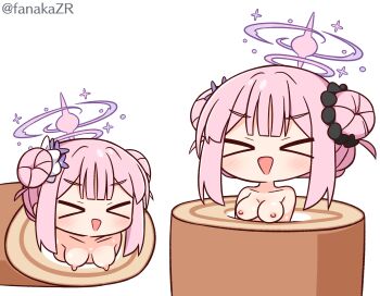 >_< 1girl :d blue_archive blush breasts cake closed_eyes collarbone double_bun empty_eyes flower food hair_bun hair_flower hair_ornament halo hana_kazari highres in_food medium_breasts mika_(blue_archive) mini_person minigirl multiple_views nipples nude open_mouth pink_hair purple_flower revision sidelocks simple_background smile swiss_roll twitter_username v-shaped_eyebrows white_background xd