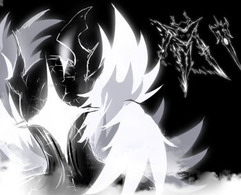 2others angel_wings antlers armor black_armor black_knife_(deltarune) black_theme cracked_skin deltarune eldritch_abomination feathered_wings floating giant glowing glowing_eye glowing_wings head_wings holding holding_sword holding_weapon horns levitation living_shadow multiple_others multiple_wings one-eyed roaring_knight sword titan_(deltarune) utdr_(toby_fox) wafrelp weapon wings