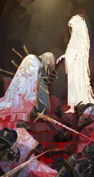 Rule 34 | 1boy, 1girl, absurdres, armor, armor under clothes, blonde hair, blood, blood on clothes, blood on face, braid, cloak, corpse, dress, elden ring, elden ring: shadow of the erdtree, gauntlets, highres, holding, holding sword, holding weapon, injury, knight, long hair, miquella (elden ring), needle knight leda, nslacka, robe, sword, trap, very long hair, weapon, white cloak, yellow eyes