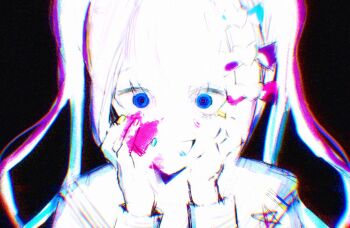 1girl black_background blood blood_in_hair blood_on_face blood_on_hands blue_eyes chouzetsusaikawa_tenshi-chan crazy crazy_smile hair_ribbon highres long_hair looking_at_viewer low-tied_long_hair nail_polish needy_girl_overdose pao_(i_loxe_u) ribbon simple_background smile star_(symbol)