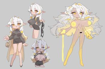 absurdres bar_censor black_skirt black_sweater blue_gemstone bra breasts breasts_out brown_coat censored chibi chibi_only clothes_lift clothes_on_and_off coat coat_on_shoulders colored_inner_hair completely_nude cropped_legs curly_hair dark_areolae dark_nipples finger_to_mouth floating_breasts floating_hair from_front from_side full_body gem glowing glowing_hand glowing_liquid glowing_markings glowing_nipples glowing_pussy glowing_skin gradient_skin grey_background hair_between_eyes highres holding holding_bra holding_underwear holding_unworn_clothes huge_breasts impossible_clothes impossible_sweater jewelry large_areolae legs_apart liquid long_hair mature_female miniskirt mole mole_under_eye multicolored_hair multiple_views necklace nipples no_bra nude pencil_skirt pointy_ears pubic_hair pussy sagging_breasts shoes sidelocks simple_background skinny skirt standing steaming_body sweat sweater thick_eyelashes turtleneck turtleneck_sweater two-tone_hair underwear undressing unworn_bra white_hair wohaimeiyou yellow_eyes