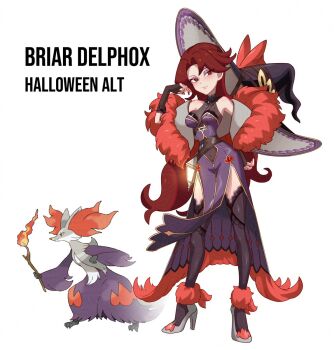 1girl alternate_color black_gloves black_thighhighs branch breasts briar_beauty character_name commentary cosplay creature_and_personification crossover delphox delphox_(cosplay) english_commentary english_text ever_after_high eyeliner fingerless_gloves fire flaming_weapon gen_6_pokemon gloves hat high_heels highres holding holding_branch long_hair makeup medium_breasts nintendo personification pokemon red_eyes red_hair rhymewithray shiny_pokemon thighhighs very_long_hair weapon white_background witch witch_hat