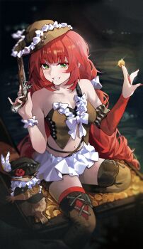 1girl 1other absurdres animal armband bare_shoulders blush boots brown_boots coin fr-ee-dom gold gold_coin green_eyes gun hair_ribbon handgun hat highres holding holding_coin kamanosuke_(zenless_zone_zero) long_hair looking_at_viewer money navel pirate pirate_costume pirate_hat raccoon red_hair red_nails ribbon skirt smile stomach tanuki teeth treasure_chest ukinami_yuzuha weapon white_ribbon white_skirt zenless_zone_zero