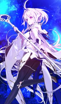 1girl ahoge black_gloves blue_background boots breasts closed_mouth clothing_cutout commentary_request dress fate/grand_order fate_(series) field fingerless_gloves flower flower_field game_cg gloves hair_between_eyes hair_intakes high-low_dress high_collar holding holding_staff lady_avalon_(fate) lady_avalon_(first_ascension)_(fate) long_hair long_sidelocks long_sleeves medium_breasts merlin_(fate/prototype) official_art red_eyes sidelocks smile solo staff standing taiki_(luster) thigh_boots third-party_source very_long_hair white_boots white_dress white_hair wide_sleeves