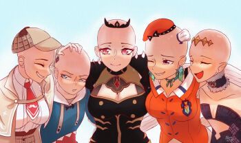 0kamikamisama 5girls absurdres bald bald_female beret black_dress black_tiara blue_eyes blue_hoodie bow breasts brown_hat brown_jacket choker cleavage closed_eyes closed_mouth collarbone collared_shirt commentary dated dress earrings english_commentary eyelashes fang feather_earrings feathers fur-trimmed_choker fur_trim gawr_gura gawr_gura_(1st_costume) green_bow hand_on_another's_head hat hat_bow headpiece highres hololive hololive_english holomyth hood hood_down hoodie jacket jewelry mini_chef_hat mini_hat mori_calliope mori_calliope_(1st_costume) multiple_girls multiple_hats necktie ninomae_ina'nis ninomae_ina'nis_(1st_costume) one_eye_closed open_clothes open_jacket open_mouth orange_bow orange_hat orange_vest pink_eyes pointy_ears purple_eyes red_necktie shirt signature smile spikes takanashi_kiara takanashi_kiara_(1st_costume) tiara upper_body vest virtual_youtuber watson_amelia watson_amelia_(1st_costume) white_hat white_shirt