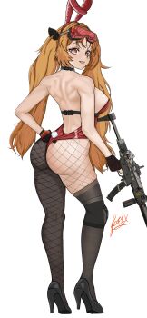 Rule 34 | 1girl, absurdres, alternate costume, ass, ass focus, bare shoulders, blush, breasts, fingerless gloves, fishnet pantyhose, fishnets, fos1x, from behind, girls' frontline, girls' frontline 2: exilium, gloves, high heels, highres, huge ass, large breasts, lenna (girls' frontline 2), leotard, long hair, looking at viewer, looking back, open mouth, orange hair, pantyhose, playboy bunny, rabbit ears, rabbit tail, red eyes, sideboob, smile, solo, tail, thick thighs, thighs, thong leotard, transparent background, twintails, ump45, ump45 (girls' frontline), ump9 (girls' frontline), very long hair, weapon
