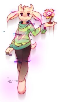 1boy animal_ears asriel_dreemurr barefoot dripping dual_persona empty_eyes evil_smile fangs feet flower flowey_(undertale) full_body furry furry_male glitch horns leggings male_focus monster_boy pants pantyhose raikissu red_eyes shaded_face smile solo spoilers static striped_clothes striped_sweater sweater tail teeth toes turtleneck undertale utdr_(toby_fox) white_background