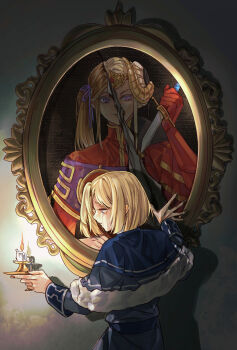 Rule 34 | 1boy, 1girl, arm up, artist request, bad id, bad twitter id, blonde hair, blue eyes, brown hair, candle, crying, crying with eyes open, dagger, dimitri alexandre blaiddyd, dimitri alexandre blaiddyd (young), double bun, dress, edelgard von hresvelg, edelgard von hresvelg (timeskip), edelgard von hresvelg (young), fake horns, fire, fire emblem, fire emblem: three houses, from side, glowing, hair between eyes, hair bun, headpiece, high collar, highres, holding, holding dagger, holding knife, holding weapon, horns, knife, leaning forward, long sleeves, looking at viewer, nintendo, picture frame, purple eyes, red dress, sad, solo, spoilers, standing, tears, transformation, twintails, upper body, weapon