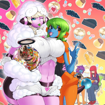 1boy 3girls ;) animal_ears biriri_(spacezin) black_sclera blonde_hair blue_eyes blue_skin breasts cake candy coffee coffee_pot colored_sclera colored_skin cookie covered_erect_nipples crossover deoxys deoxys_(normal) detached_sleeves flaaffy food fur_trim gen_1_pokemon gen_2_pokemon gen_3_pokemon green_hair highres hug huge_breasts jar lollipop midriff mouth_hold multicolored_skin multiple_girls mythical_pokemon nintendo one_eye_closed orange_skin personification pink_skin pokemon pouring pudding purple_hair red_hair ribbed_sweater sheep_girl short_shorts shorts sitting smile spacezin sweater tail toned toned_female two-tone_skin voltorb waist_hug white_eyes yellow_eyes