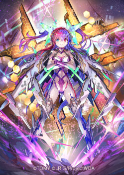 1girl blue_hair breasts cleavage copyright_notice crossed_arms heterochromia hokuyuu leotard long_hair looking_at_viewer medium_breasts multicolored_hair official_art red_eyes red_hair servant_sharp shoes smile solo split-color_hair two-tone_hair two_side_up very_long_hair white_leotard white_shoes wixoss yellow_eyes