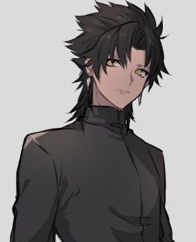 1boy alternate_hair_color amakusa_shirou_(fate) black_hair black_jacket commentary_request earrings expressionless fate/apocrypha fate_(series) highres jacket jewelry male_focus solo tofu_(bean359) upper_body yellow_eyes