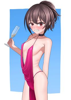 1girl alcohol alternate_costume backless_dress backless_outfit blush brown_hair champagne champagne_flute cup dress drinking_glass highres kawaseri1 kono_subarashii_sekai_ni_shukufuku_wo! loli looking_at_viewer megumin panties pink_dress pink_panties ponytail red_eyes solo underwear