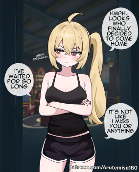 1girl absurdres ahoge alternate_costume arutemisu180 averting_eyes bare_shoulders black_shirt black_shorts blonde_hair blush breasts cleavage closed_mouth collarbone commentary cowboy_shot crossed_arms dolphin_shorts doorway english_commentary english_text facing_viewer game_screenshot_background hair_between_eyes highres indoors long_hair luciana_de_montefio orange_eyes patreon_username pov_doorway screenshot_background shirt shorts side_ponytail solo sparkling_eyes speech_bubble tank_top v-shaped_eyebrows zenless_zone_zero