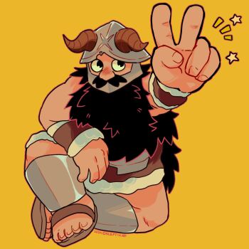 1boy beard dungeon_meshi dwarf facial_hair fake_horns foreshortening full_body helmet highres horned_helmet horns long_beard looking_at_viewer male_focus mustache sceptixfakemon senshi_(dungeon_meshi) sitting slippers solo sparkle thick_mustache v very_long_beard yellow_background