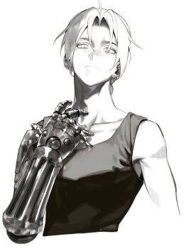 Rule 34 | 1boy, absurdres, arm up, cbow, closed mouth, collarbone, cropped torso, edward elric, frown, fullmetal alchemist, greyscale, highres, looking at viewer, male focus, mechanical arms, monochrome, parted hair, prosthesis, prosthetic arm, simple background, single mechanical arm, solo, tank top, white background