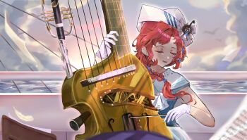 1girl absurdres barcarola_(reverse:1999) blue_shirt blurry blurry_background bow_(music) closed_eyes cloud cloudy_sky crackling_box_(reverse:1999) dixie_cup_hat gloves grey_sky hashtag-only_commentary hat highres holding holding_bow_(music) instrument long_braid military_hat music ocean outdoors parted_lips playing_instrument railing red_hair reverse:1999 sailor_collar sheet_music shirt simple_bird sky sleeveless sleeveless_shirt smile solo upper_body white_gloves white_hat yauu.