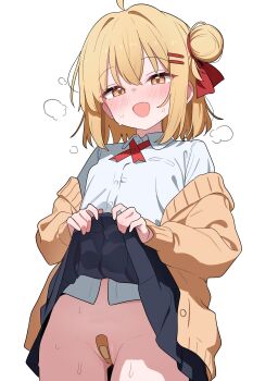 1girl absurdres bandaid bandaid_on_pussy black_skirt blonde_hair blush brown_cardigan cardigan cardigan_partially_removed character_request clothes_lift copyright_request cowboy_shot cross_tie fang flat_chest hair_bun hair_ornament hairclip highres lifting_own_clothes loli long_sleeves looking_at_viewer no_panties open_mouth parallel_hairclips red_cross_tie saho_4545 school_uniform shirt short_hair simple_background skin_fang skirt skirt_lift solo standing sweat white_background white_shirt yellow_eyes