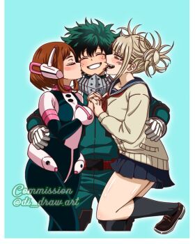 1boy 2girls arm_around_waist biting biting_cheek black_socks blonde_hair blush_stickers boku_no_hero_academia breasts brown_cardigan brown_hair cardigan commentary commission di_draw.art double_bun english_commentary freckles gloves green_hair grin hair_bun headgear hetero highres instagram_username kiss kissing_cheek medium_breasts midoriya_izuku miniskirt multiple_girls pleated_skirt school_uniform serafuku sidelocks skirt smile socks standing standing_on_one_leg superhero_costume toga_himiko uraraka_ochako watermark white_gloves yellow_eyes