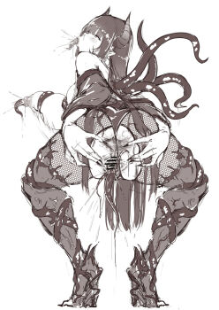 1girl ahegao anus ass ass_focus ass_grab anal_fluid blush breasts corruption female_ejaculation female_focus female_orgasm fishnets from_behind gaping gaping_anus gaping_pussy highres horns huge_breasts japanese_clothes long_hair mole mole_under_eye nipples orgasm pointy_ears pussy pussy_juice rolling_eyes spread_anus spread_ass spread_pussy squatting tentacles zerogura