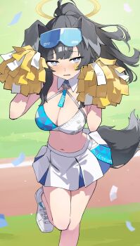 1girl absurdres animal_ears black_hair blue_archive blue_eyes blush breasts bright_pupils cheerleader cleavage crop_top dog_ears dog_girl dog_tail eyewear_on_head goggles goggles_on_head halo hibiki_(blue_archive) hibiki_(cheer_squad)_(blue_archive) highres holding holding_pom_poms kaminari_(edeath) large_breasts long_hair looking_at_viewer medium_breasts midriff millennium_cheerleader_outfit_(blue_archive) navel official_alternate_costume open_mouth outdoors pom_pom_(cheerleading) pom_poms ponytail shoes skirt sneakers solo standing standing_on_one_leg star_(symbol) star_sticker sticker sticker_on_face tail white_shoes white_skirt yellow_halo