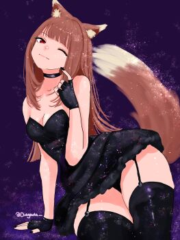 1girl ;) animal_ears black_choker black_dress black_garter_straps black_gloves black_nails black_panties black_thighhighs breasts choker cleavage commentary diagada dress english_commentary fingerless_gloves garter_straps gloves highres holo long_hair medium_breasts one_eye_closed panties purple_background red_eyes smile solo spice_and_wolf tail thighhighs thighs twitter_username underwear very_long_hair wolf_ears wolf_girl wolf_tail