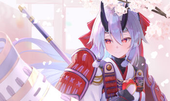 1girl absurdres amasa_(ama_sa3) armor blush bow fate/grand_order fate_(series) grey_hair hair_between_eyes hair_bow hair_ribbon highres horns japanese_armor japanese_clothes kimono kusazuri long_hair looking_at_viewer ponytail red_eyes ribbon shoulder_armor smile sode solo tomoe_gozen_(fate) tomoe_gozen_(second_ascension)_(fate) white_kimono