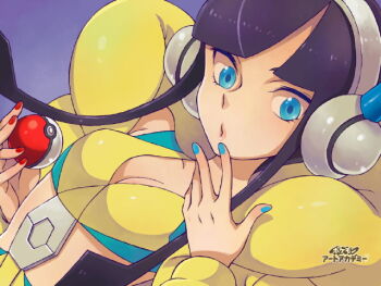 1girl art_academy_(medium) black_hair blue_eyes blue_nails breasts cleavage commentary_request elesa_(pokemon) fingernails headphones holding holding_poke_ball long_hair nail_polish nintendo poke_ball poke_ball_(basic) pokemon pokemon_bw2 red_nails saikachi_(ogre_tree) small_breasts solo