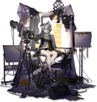 1girl animal_ear_fluff animal_ears anklet arknights bare_legs black_choker black_jacket black_shoes black_shorts briefcase camera choker five-fall full_body grey_hair grey_shirt hair_over_one_eye high_heels highres infection_monitor_(arknights) jacket jewelry long_sleeves looking_at_viewer midriff official_alternate_costume official_art open_clothes open_jacket quartz_(arknights) quartz_(cover_mercenary)_(arknights) shirt shoes short_hair short_shorts shorts sitting smile solo tail thigh_strap thighs third-party_source transparent_background wolf_ears wolf_girl wolf_tail yellow_eyes
