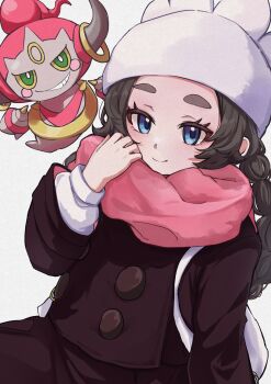 Rule 34 | 1girl, absurdres, ansha (pokemon), black coat, black hair, blue eyes, blush, braid, closed mouth, coat, colored sclera, commentary request, gen 6 pokemon, green eyes, hat, highres, hoopa, hoopa (confined), horns, kamitu, legendary pokemon, long hair, long sleeves, looking at viewer, mythical pokemon, nintendo, parted lips, pink scarf, pokemon, pokemon (creature), pokemon legends: z-a, scarf, simple background, smile, teeth, white background, white bag, white hat, winter clothes, winter coat, yellow sclera